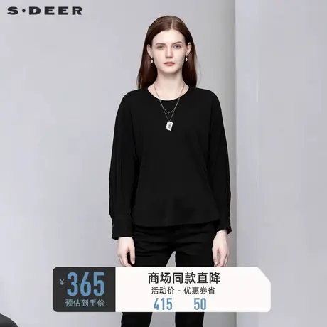 sdeer圣迪奥女装休闲圆领宽松拉链黑色长袖T恤S221Z0206图片