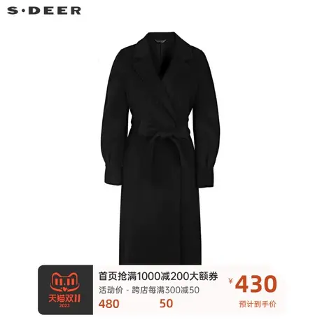 sdeer圣迪奥女装复古西装领收腰黑色长款毛呢大衣S21461815图片