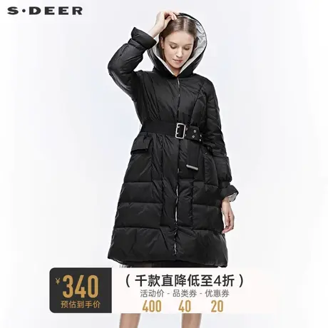 sdeer圣迪奥女装连帽收腰撞色白鸭绒中长款羽绒服女S19482447图片