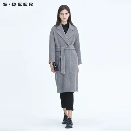 sdeer圣迪奥女装平驳领暗条纹收腰毛呢大衣S20481819图片