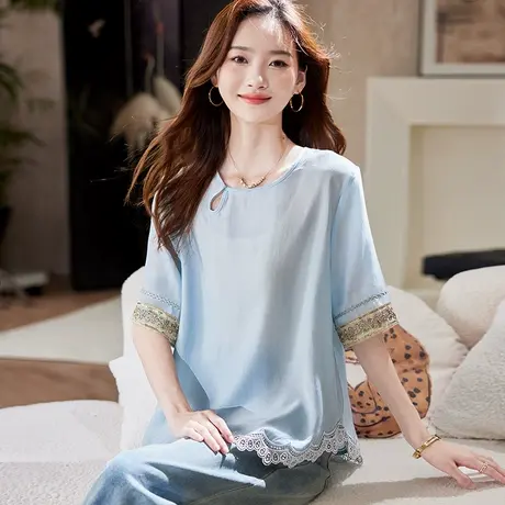 宝诗黎圆领亮片刺绣短袖上衣2025夏季简约欧若风休闲百搭衬衣女商品大图