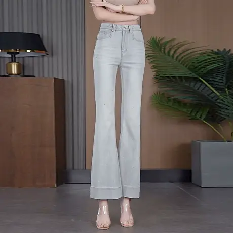 翻边烫钻牛仔微喇裤女夏季薄款2025时尚休闲马蹄裤显瘦九分喇叭裤商品大图