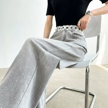 烫钻蕾丝刺绣字母天丝棉阔腿牛仔裤女夏季高腰宽松烟灰色直筒裤子商品大图