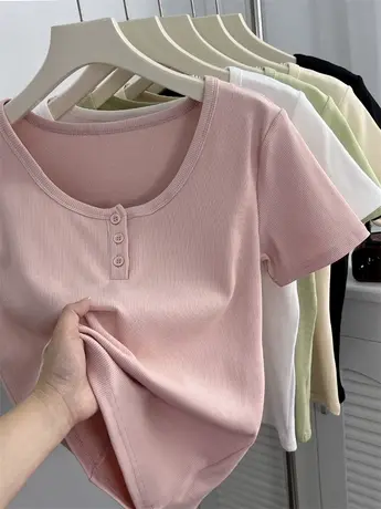u领锁骨修身正肩短袖t恤女夏纽扣设计感短款小个子纯欲螺纹棉上衣商品大图