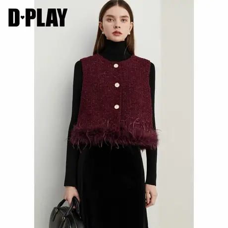 DPLAY2025年春季新款安可拉红色圆领拼接毛毛粗花呢夹克短外套女商品大图