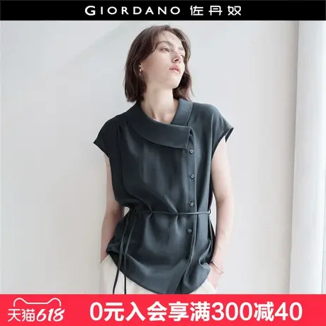 设计师款佐丹奴短袖衬衫女夏翻领斜门襟系带小飞袖衬衫女18345612图片