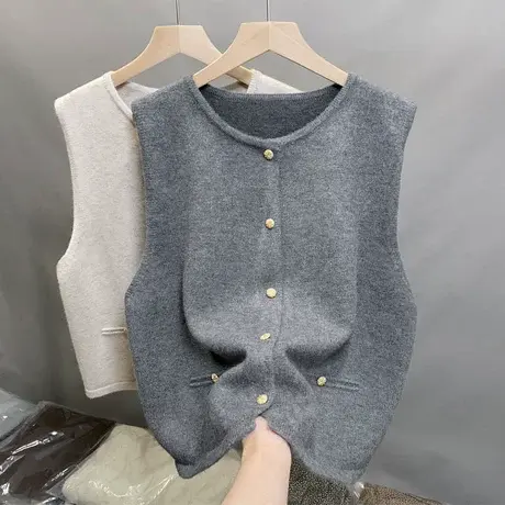 春装新款高级感金扣圆领针织马甲开衫宽松日系叠穿毛衣背心女马夹商品大图