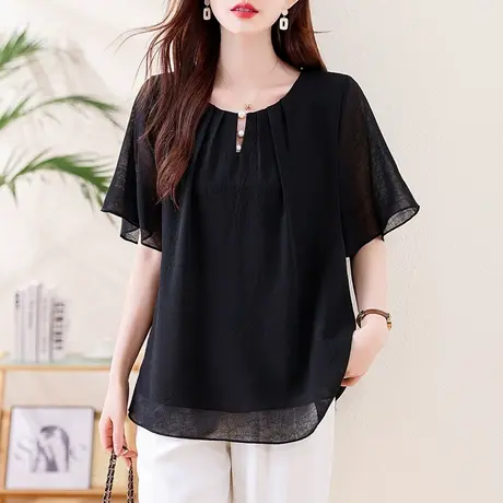 雪纺衫女短袖夏季新款宽松加肥加大码中年妈妈遮肚子显瘦小衫上衣商品大图