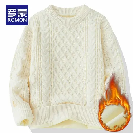 罗蒙2025冬季新款圆领麻花毛衣男士加绒保暖针织打底衫内搭线衣服商品大图