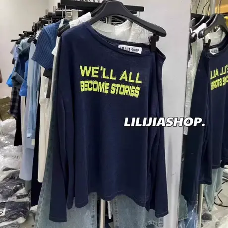 韩国东大门夏季新款撞色字母印花宽松斜肩长袖T恤薄款防晒罩衫女图片