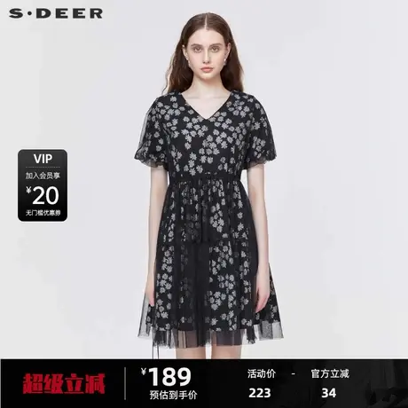 sdeer圣迪奥女装时尚圆领碎花收腰网纱短袖连衣裙S223Z1274商品大图