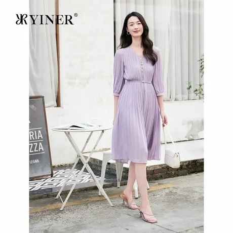 YINER音儿专选女装法式优雅七分袖夏日V领收腰百褶雪纺连衣裙商品大图