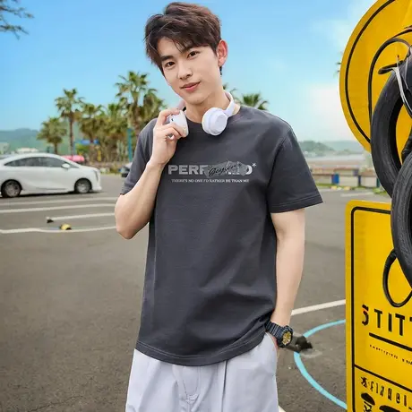 唐狮男短袖T恤字母印花夏季新款宽松圆领上衣潮流内搭打底衫t官方图片