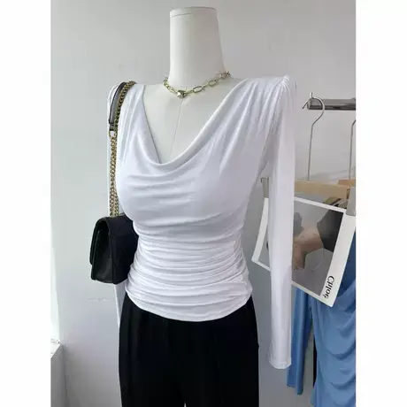 新面料~裸感亲肤 气质堆堆领长袖t恤女修身显瘦v领内搭打底衫上衣商品大图