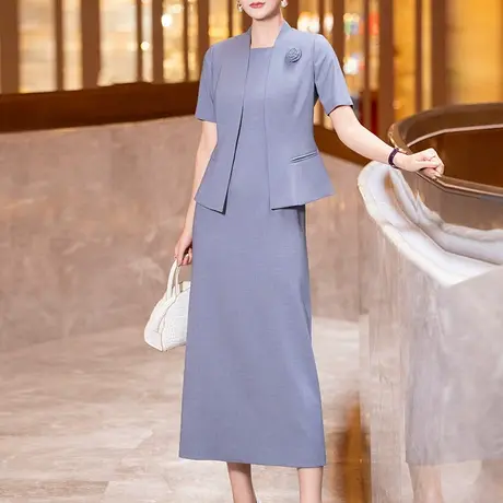高级感职业装西装套装女灰蓝色2025夏装新款时尚气质连衣裙两件套商品大图