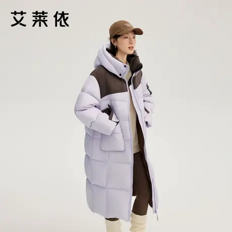 艾莱依新款羽绒服休闲运动泡芙时尚撞色拼接长款大衣加厚保暖外套商品大图