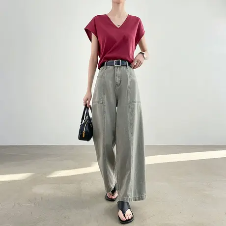 亚麻灰色棉质牛仔阔腿裤女夏季薄款高腰垂感拼接显瘦直筒镰刀裤子商品大图