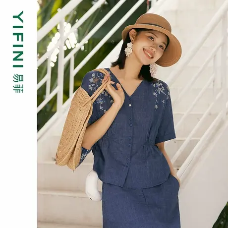 [专柜同款]Yifini/易菲V领开襟刺绣收腰系带宽松短款文艺套头小衫图片