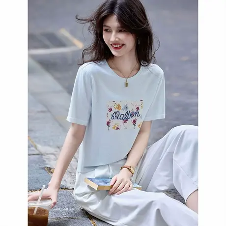 时尚短袖T恤2025年夏季新款女圆领休闲减龄通勤温柔百搭套头上衣图片