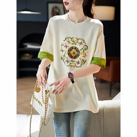 宝诗黎圆领钉珠印花拼接短袖T恤2025夏季新中式百搭休闲女装上衣图片