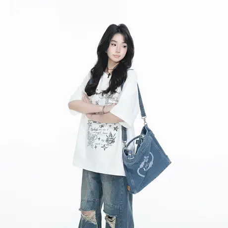 YEP复古印花T恤2025春夏新品ins潮牌宽松短袖百搭时尚潮流上衣图片