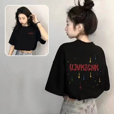 爆款欧货夏季黑色短袖t恤女2025新款大码纯棉宽松设计感小众上衣图片