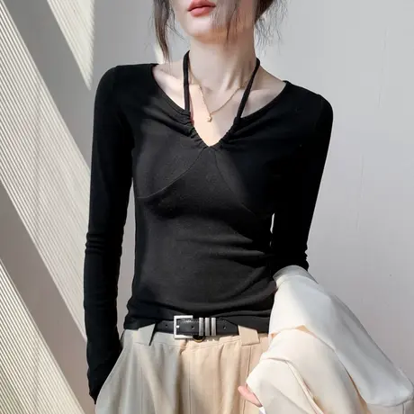 歌倍尚设计感上衣女春装修身显瘦内搭长袖T恤抽绳v领挂脖打底衫商品大图