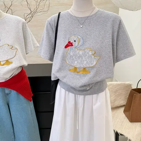 韩系宽松圆领休闲设计感百搭韩系刺绣鸭子短袖T恤上衣女春夏新款商品大图