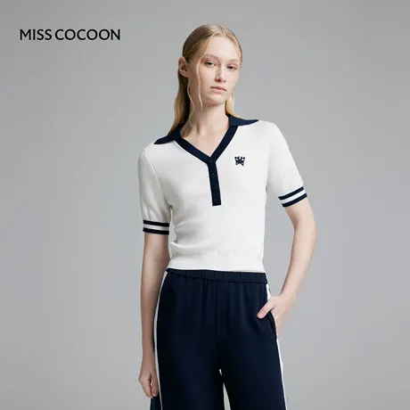 COCOON可可尼 商场同款学院风白色撞色条纹Polo领针织毛衫女图片
