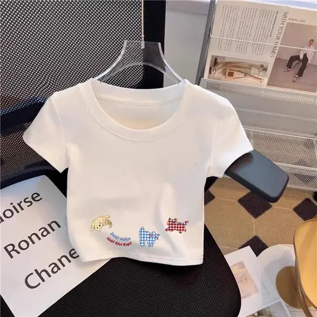 白色短款正肩短袖t恤女卡通印花减龄上衣美式复古小个子高腰半袖图片