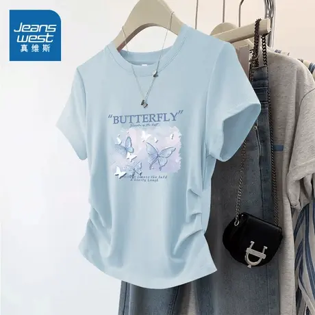 KMV真维斯蓝色收腰短袖t恤女夏季2025新款短款小个子褶皱上衣体恤商品大图