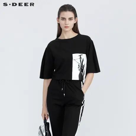 sdeer圣迪奥女装夏装个性圆领抽象印花短款T恤S21280131图片