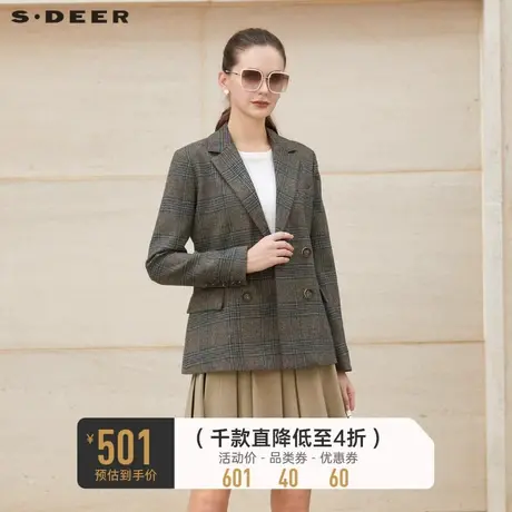sdeer圣迪奥女装复古格纹双排扣毛呢西装外套S23362202图片