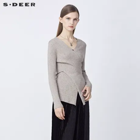 【直播间专属】S·DEER圣迪奥V领拼接不规则修身针织衫S21463581图片