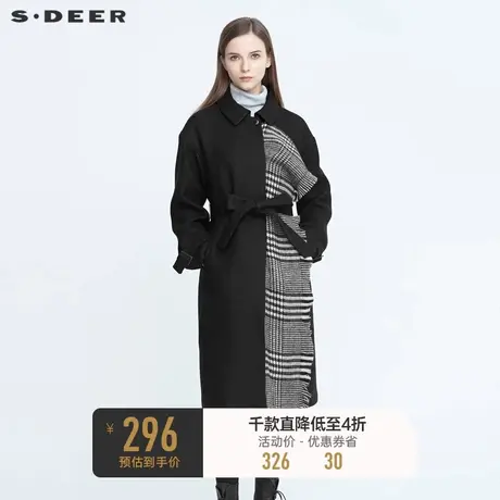 sdeer圣迪奥翻冬季时尚格纹流苏拼接收腰廓形毛呢大衣女S20481821图片
