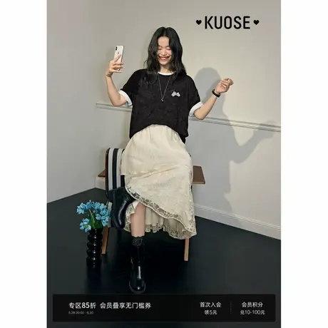 阔色黑灰斑点小狗印花T恤女2025夏季新款肌理宽松长款半袖上衣图片