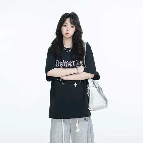 YEP2025春夏新款美式复古涂鸦印花T恤宽松纯棉oversize潮牌情侣装图片