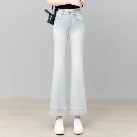 轻薄凉爽牛仔微喇裤女夏季新款时尚烫钻九分喇叭裤复古显瘦马蹄裤图片
