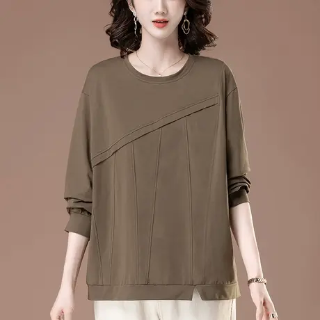 中老年妈妈纯棉长袖T恤春秋季宽松加肥加大码女装休闲遮肚打底衫图片