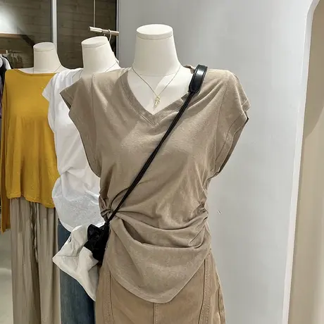 ins超火褶皱V领正肩短袖T恤女夏季韩版修身显瘦飞飞袖上衣体恤潮图片