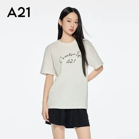 A21女装字母印花宽松显瘦T恤简约百搭圆领落肩袖上衣商品大图