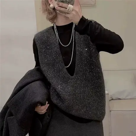 2024秋冬新款时尚欧货亮片编织V领针织背心马甲百搭潮宽松毛衣女商品大图