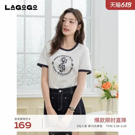 LAGOGO撞色领元气印花T恤女拉谷谷2025夏新款甜美学院风宽松上衣图片