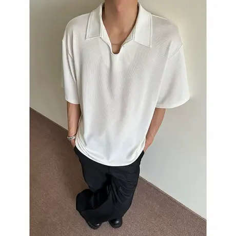 半袖POLO衫男夏季2025新款小V翻领宽松上衣美式休闲纯色短袖体恤商品大图