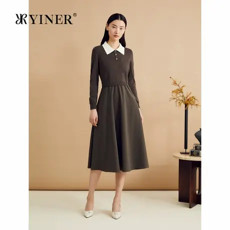 YINER音儿秋季时尚桑蚕丝撞色翻领假两件小A字连衣裙商品大图