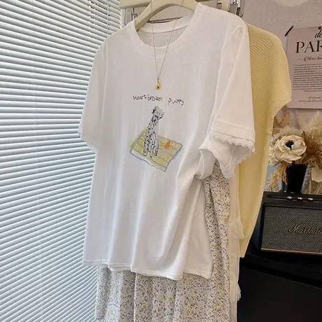 凉爽百搭简约宽松大版卡通明线刺绣蕾丝拼接雪花棉短袖T恤女商品大图