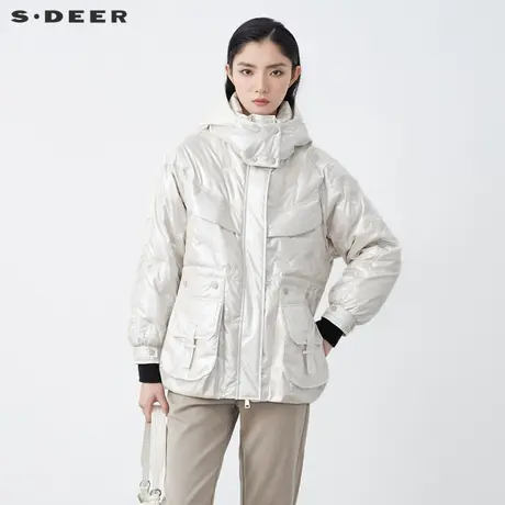 sdeer圣迪奥2021冬装新品高领连帽绣花亮面中长款羽绒服S21462439图片