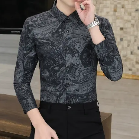 男士长袖潮流帅气休闲衬衣高级感个性寸衫春季潮牌痞帅男装花衬衫商品大图