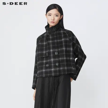 sdeer圣迪奥冬装立领双排扣拼接格纹毛呢外套女S21482212🔼商品大图