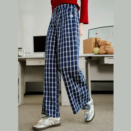 a02蓝色复古格子高腰慵懒风直筒裤2025休闲舒适女式休闲裤商品大图